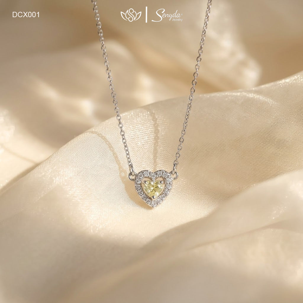 14K Solid White Gold Heart-Shaped Diamond Halo Necklace