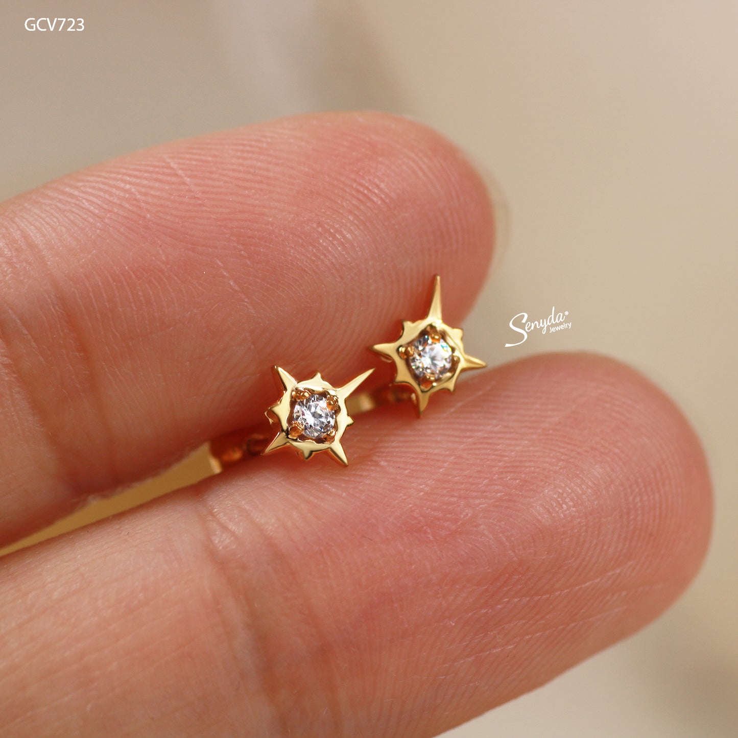 10K Solid Gold CZ Stone Star Stud Earrings With Screw Back