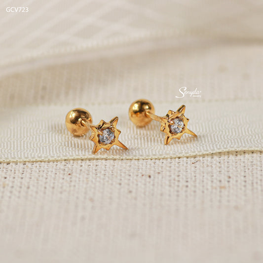 10K Solid Gold CZ Stone Star Stud Earrings With Screw Back
