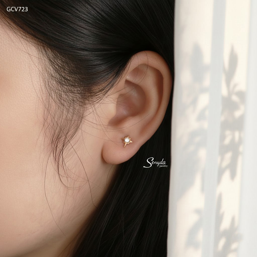 10K Solid Gold CZ Stone Star Stud Earrings With Screw Back