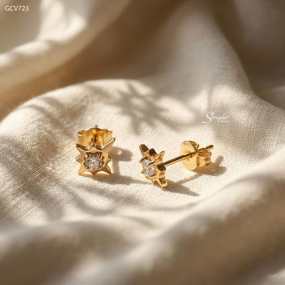 10K Solid Gold CZ Stone Star Stud Earrings With Screw Back
