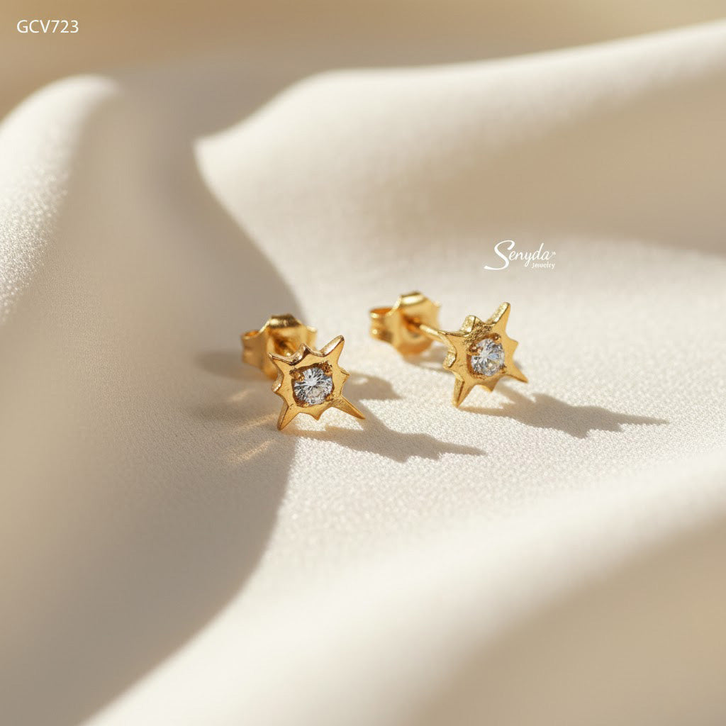 10K Solid Gold CZ Stone Star Stud Earrings With Screw Back