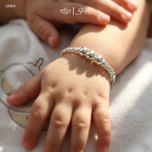 Sterling Silver Baby Rope Bracelet with 3 Smooth Beads