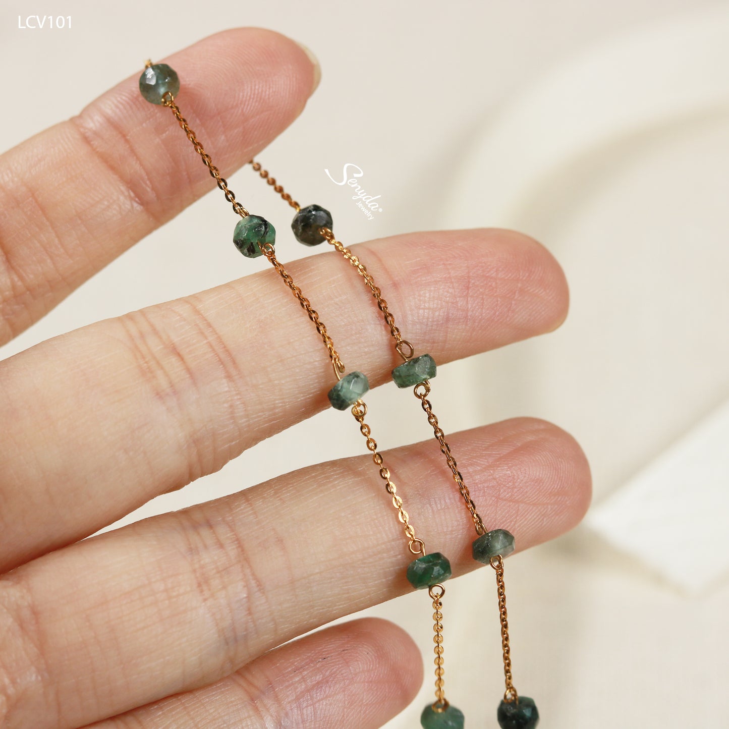 10K Solid Gold Natural Emerald Anklet