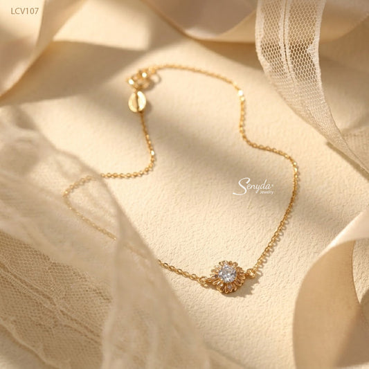 10K Solid Gold Sparkling Cubic Zirconia Daisy Anklet