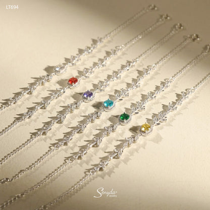 Six halo leaf vine bracelets in clear, red, purple, aqua, green and yellow birthstone colors, sterling silver and CZ
