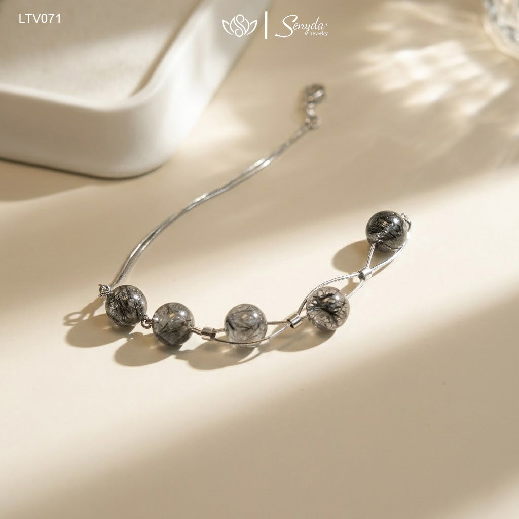 18K Solid Gold Black Rutilated Quartz Bracelet In Box Chain