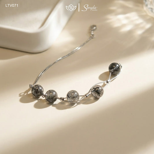18K Solid Gold Black Rutilated Quartz Bracelet In Box Chain