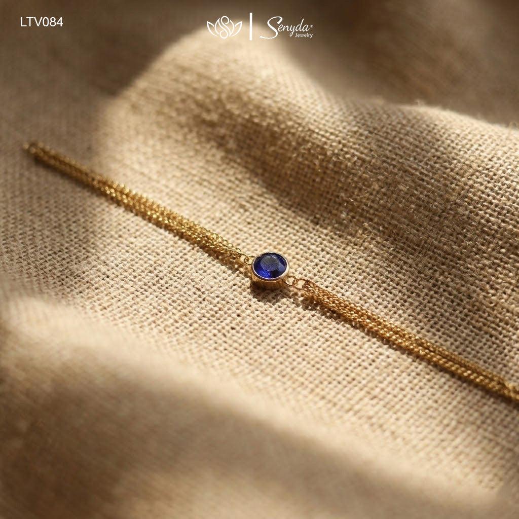 10K Solid Gold Blue CZ Bezel Layered Chain Bracelet
