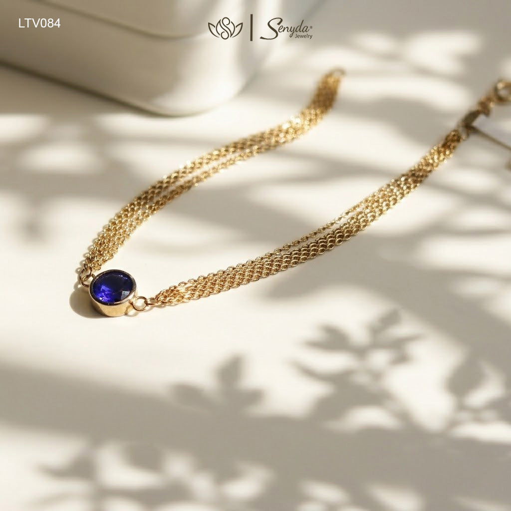 10K Solid Gold Blue CZ Bezel Layered Chain Bracelet