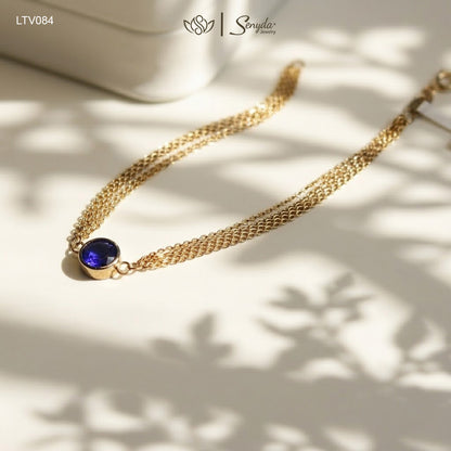 10K Solid Gold Blue CZ Bezel Layered Chain Bracelet