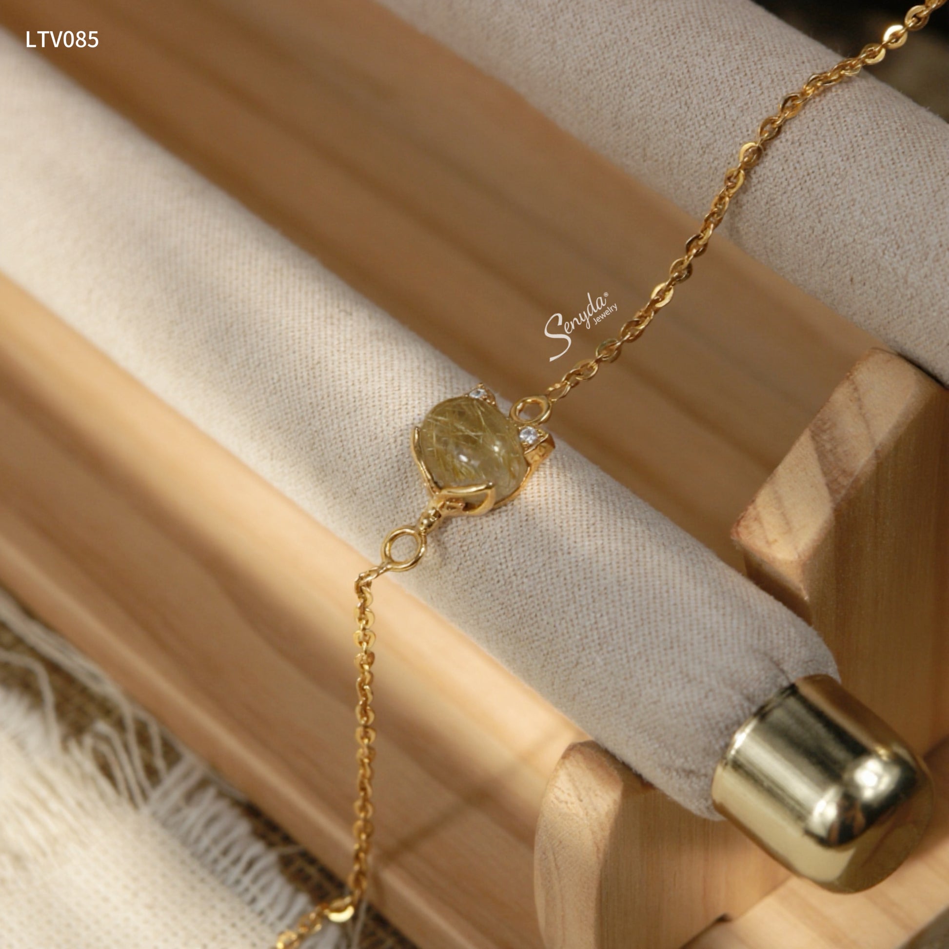 10K Solid Gold Fox Charm Bracelet Golden Rutilated Quartz