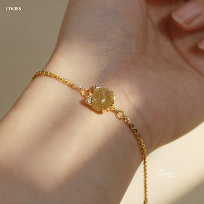 10K Solid Gold Fox Charm Bracelet Golden Rutilated Quartz