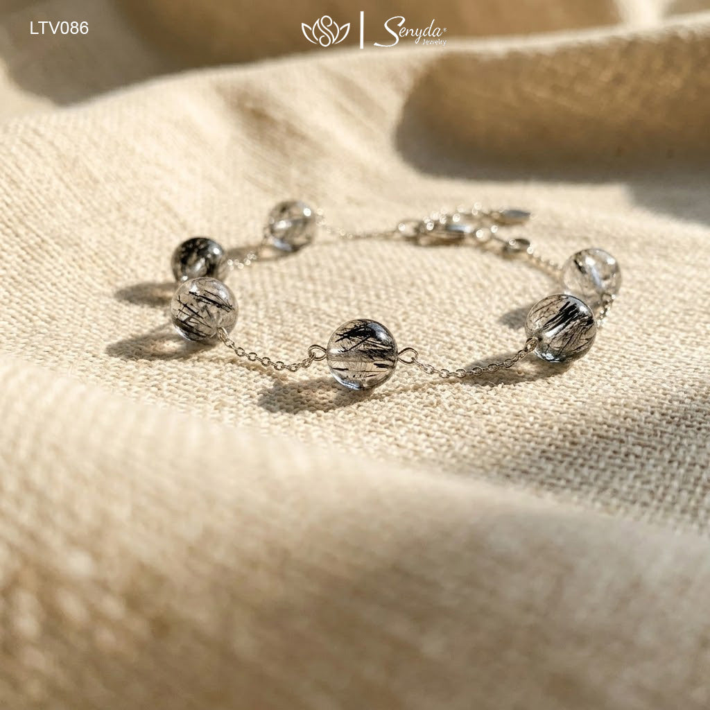 14K Solid Gold Natural Black Rutilated Quartz Bracelet