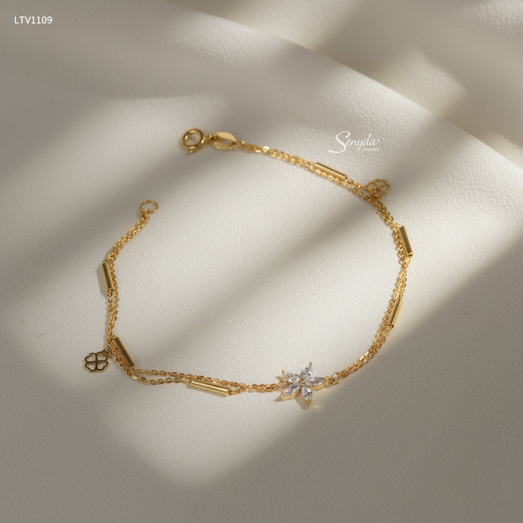 10K Solid Gold Layered 5-Petal Flower Charm Bracelet