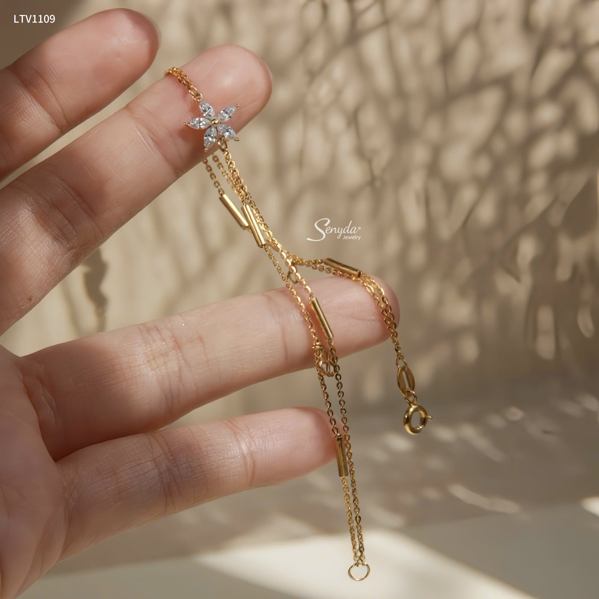 10K Solid Gold Layered 5-Petal Flower Charm Bracelet