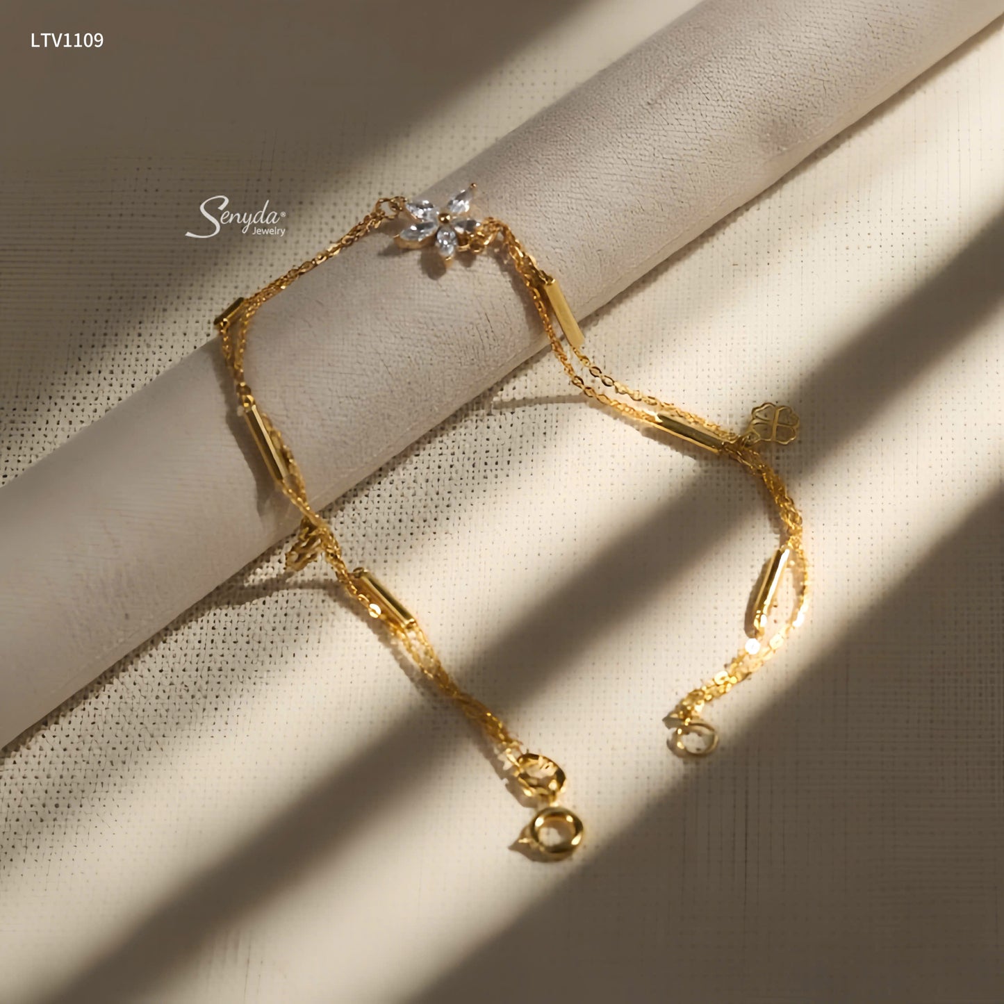 10K Solid Gold Layered 5-Petal Flower Charm Bracelet