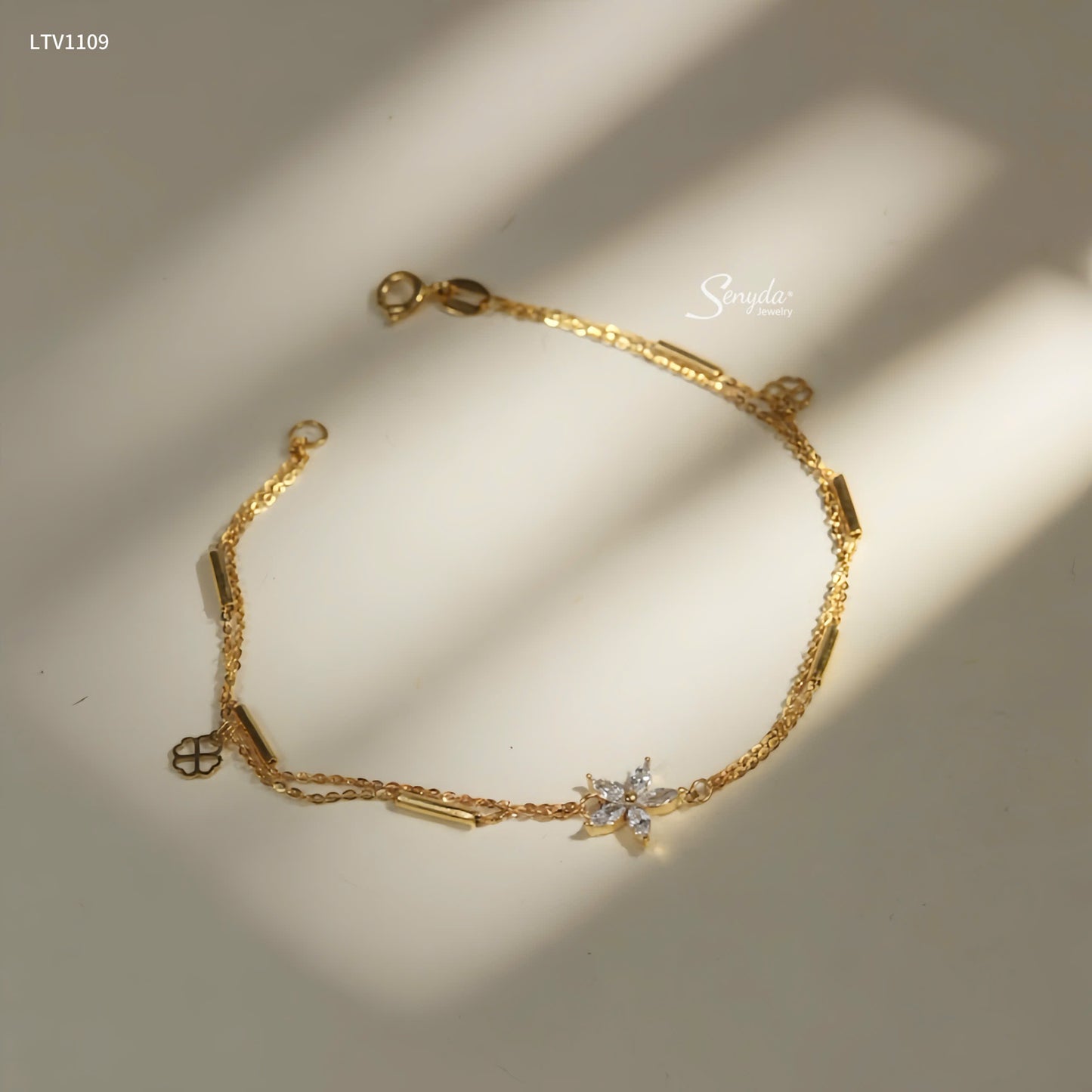 10K Solid Gold Layered 5-Petal Flower Charm Bracelet