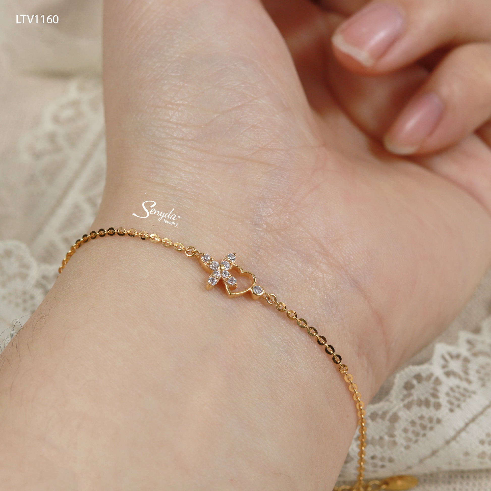 10K Solid Gold Butterfly & Heart Charm Bracelet