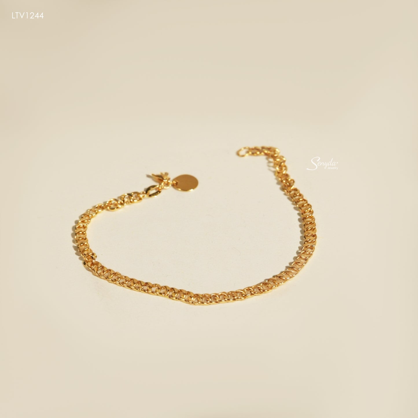 14K Solid Gold Curb Chain Bracelet Round Disc Charm Tag