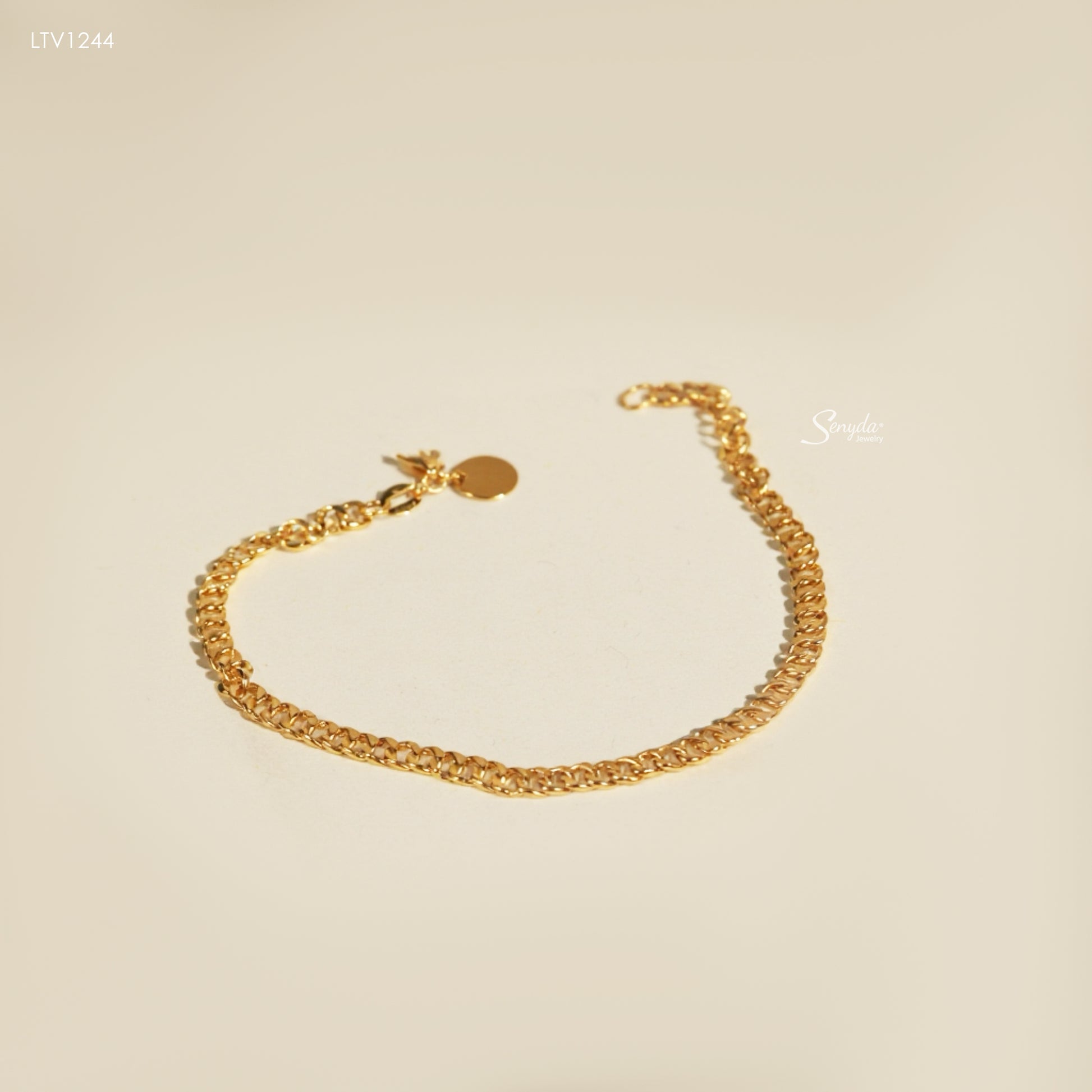 14K Solid Gold Curb Chain Bracelet Round Disc Charm Tag