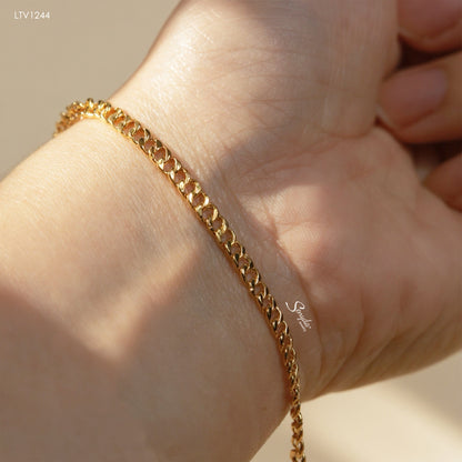 14K Solid Gold Curb Chain Bracelet Round Disc Charm Tag