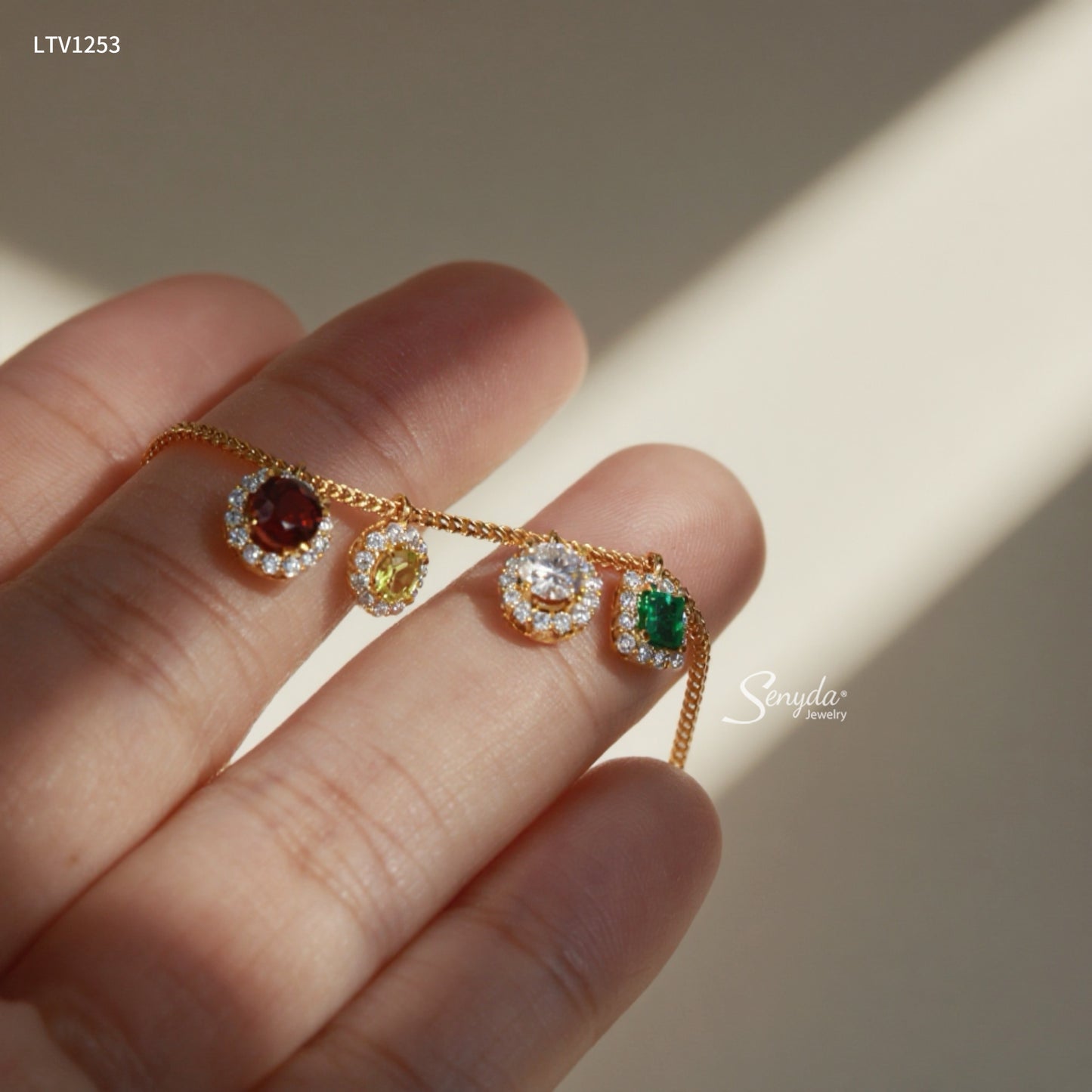 14K Solid Gold Colorful Gemstone Charm Bracelet