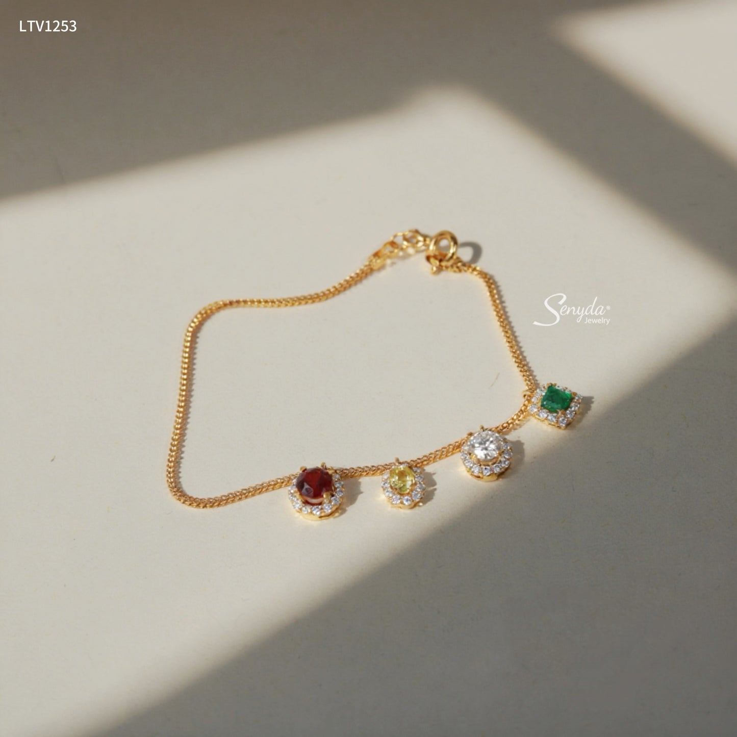 14K Solid Gold Colorful Gemstone Charm Bracelet