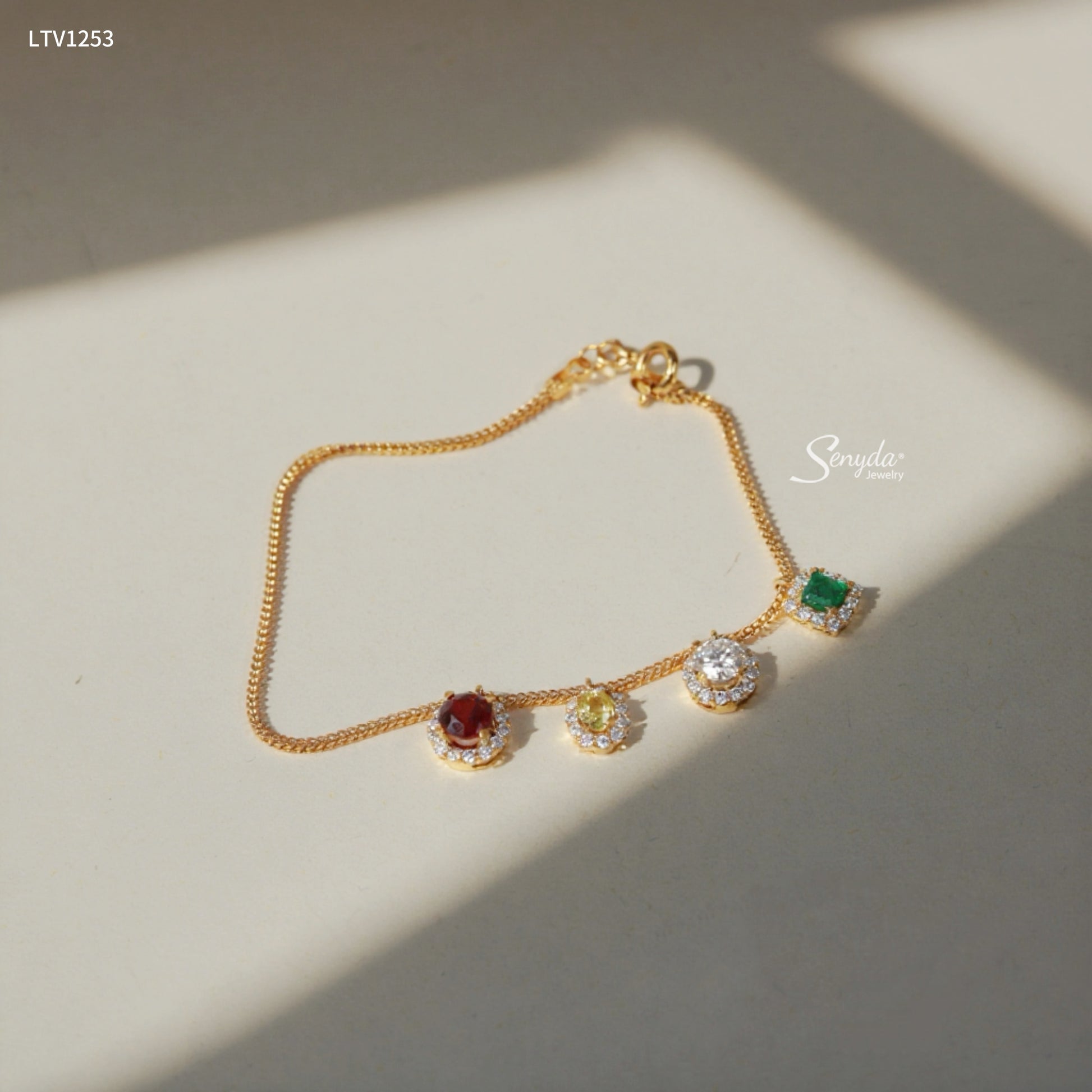 14K Solid Gold Colorful Gemstone Charm Bracelet