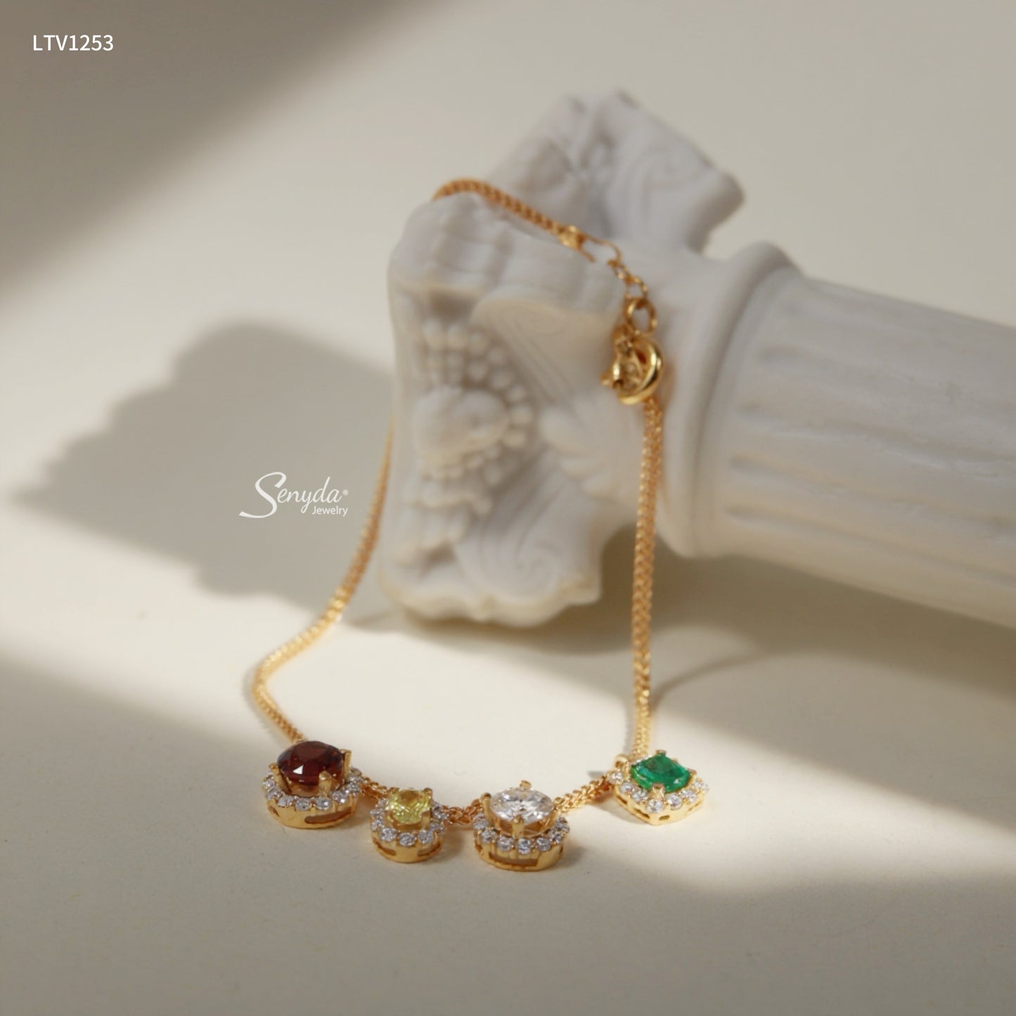 14K Solid Gold Colorful Gemstone Charm Bracelet