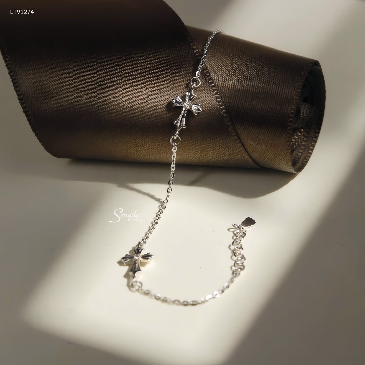 14K Solid Gold Cross Station Bracelet