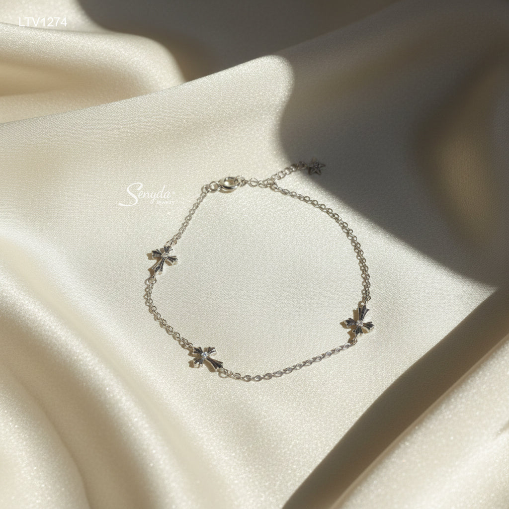 14K Solid Gold Cross Station Bracelet