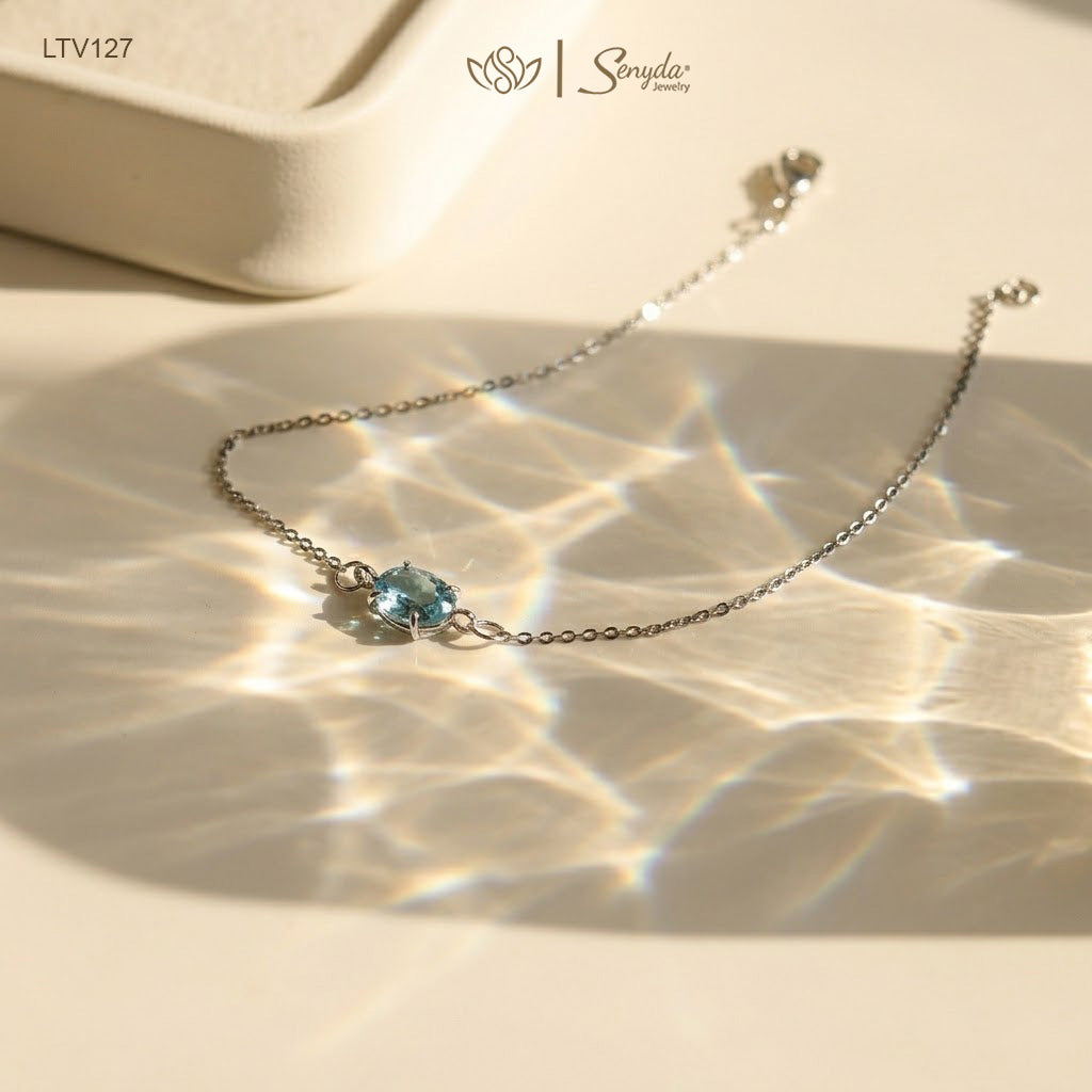 10K Solid Gold Oval Cut Blue Zircon Charm Bracelet