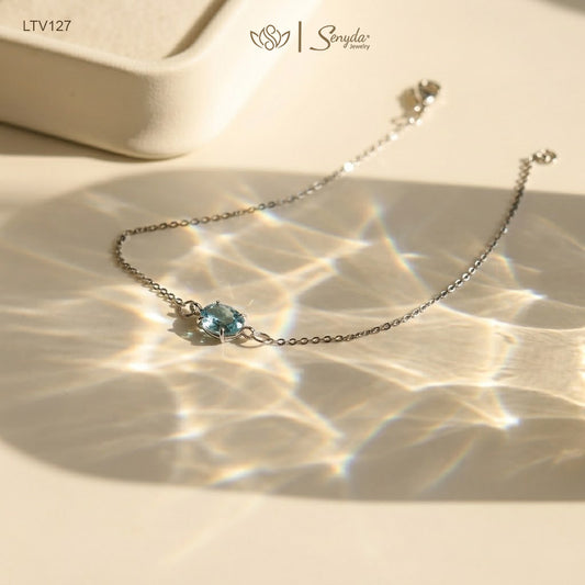 10K Solid Gold Oval Cut Blue Zircon Charm Bracelet
