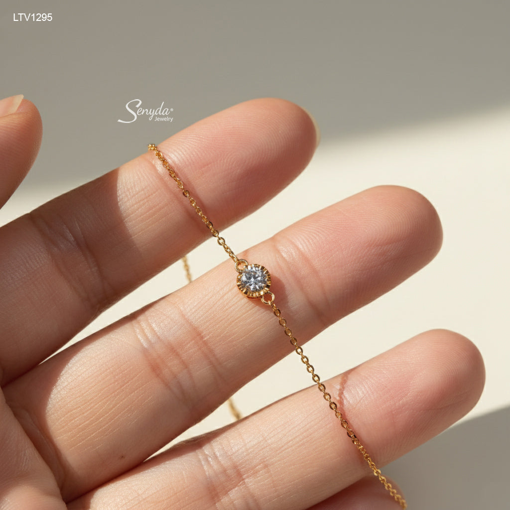 10K Solid Gold Faceted Round Solitaire Bracelet With CZ Stone