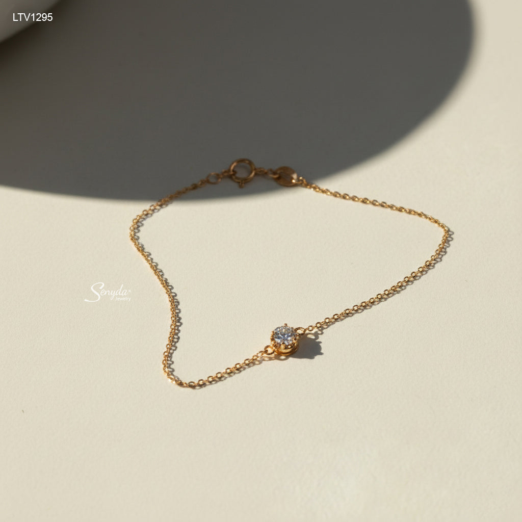 10K Solid Gold Faceted Round Solitaire Bracelet With CZ Stone