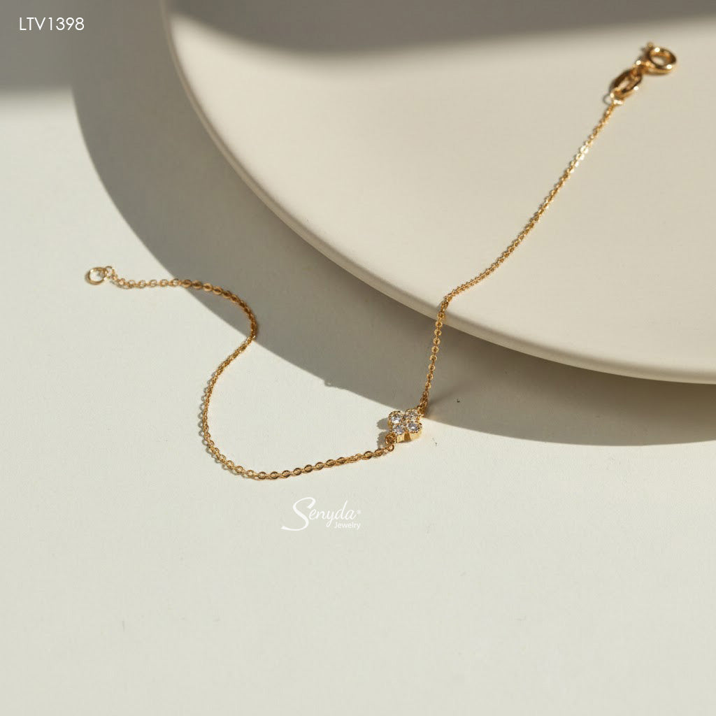 10K Solid Gold Four-Leaf Pavé Flower Bracelet