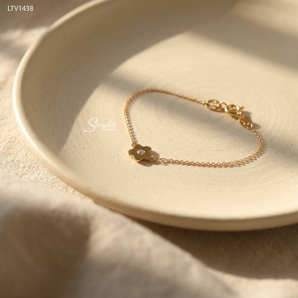 10K Solid Gold Minimalist 5-Petal Flower Bracelet With CZ