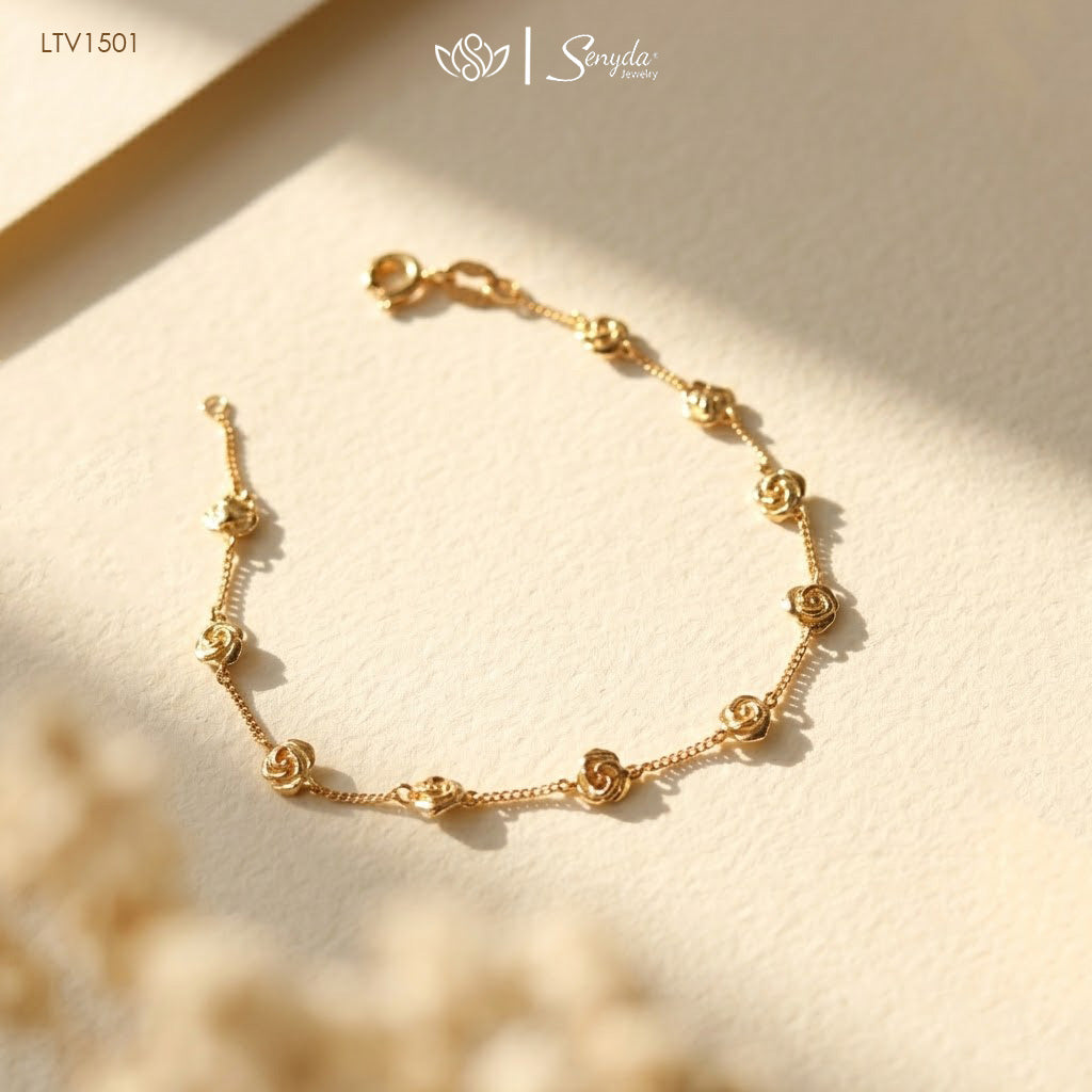 10K Solid Gold Rose Station Chain Bracelet