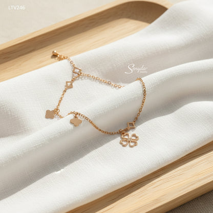 18K Solid Gold Four-Leaf Clover Charm Bracelet