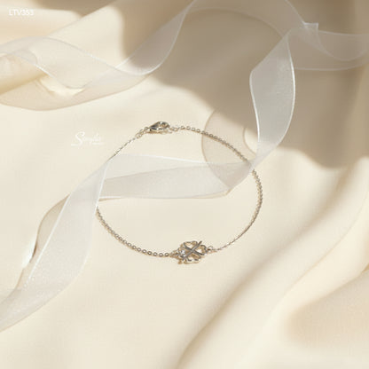 10K Solid Gold Four-Leaf Clover Bracelet With Side CZ Accent