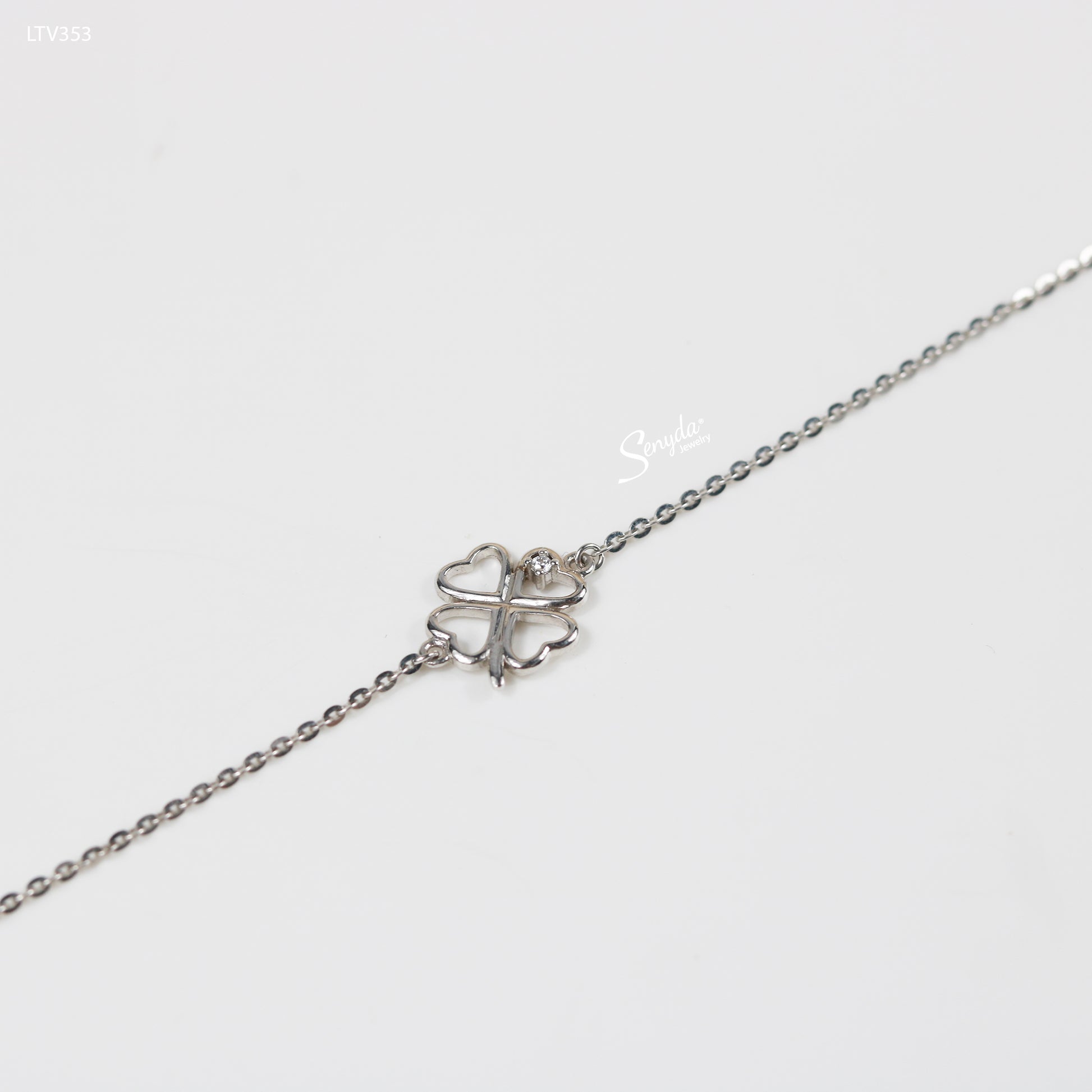 10K Solid Gold Four-Leaf Clover Bracelet With Side CZ Accent