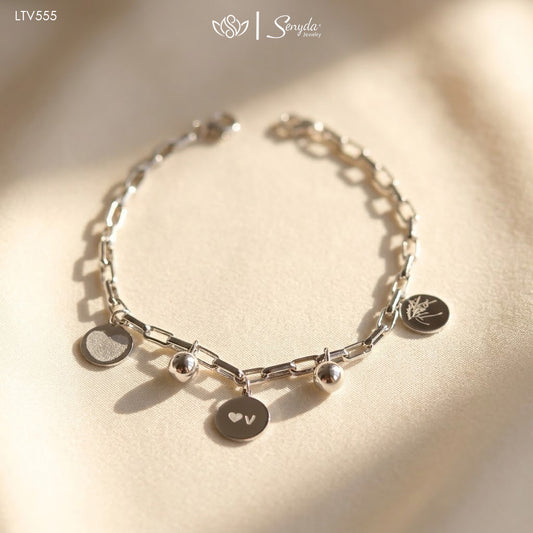 Paperclip Chain Bracelet With Custom Round Tag And Bead