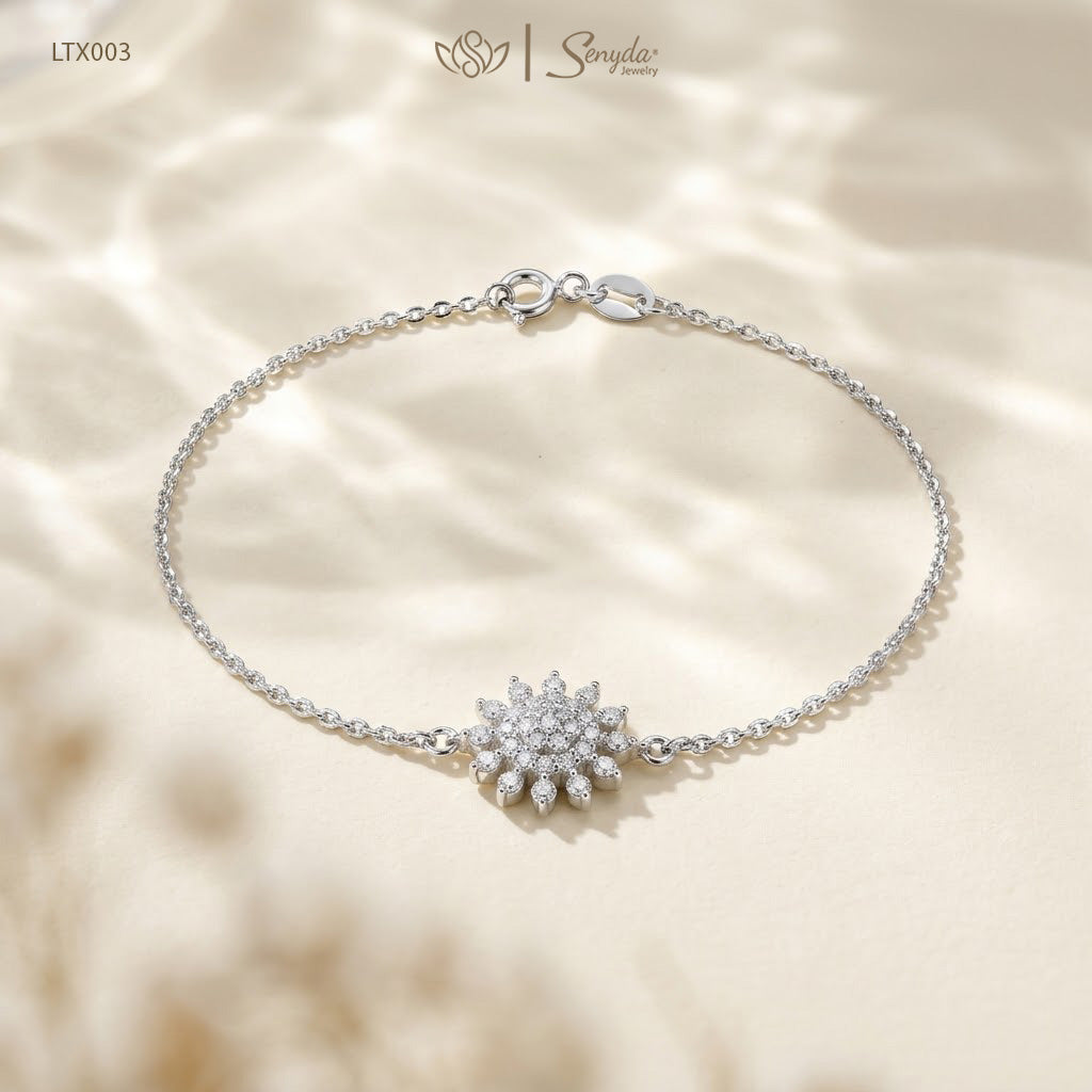 14K Solid White Gold Pave Sunflower Diamond Bracelet