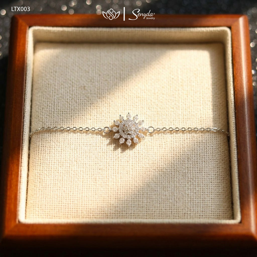 14K Solid White Gold Pave Sunflower Diamond Bracelet