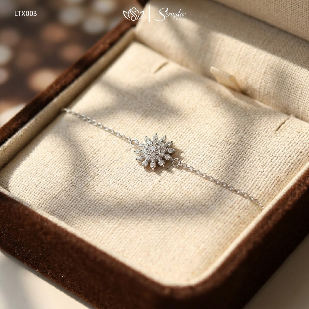 14K Solid White Gold Pave Sunflower Diamond Bracelet