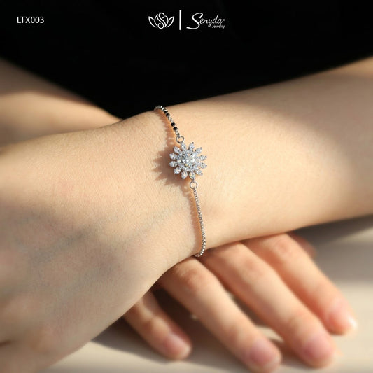 14K Solid White Gold Pave Sunflower Diamond Bracelet