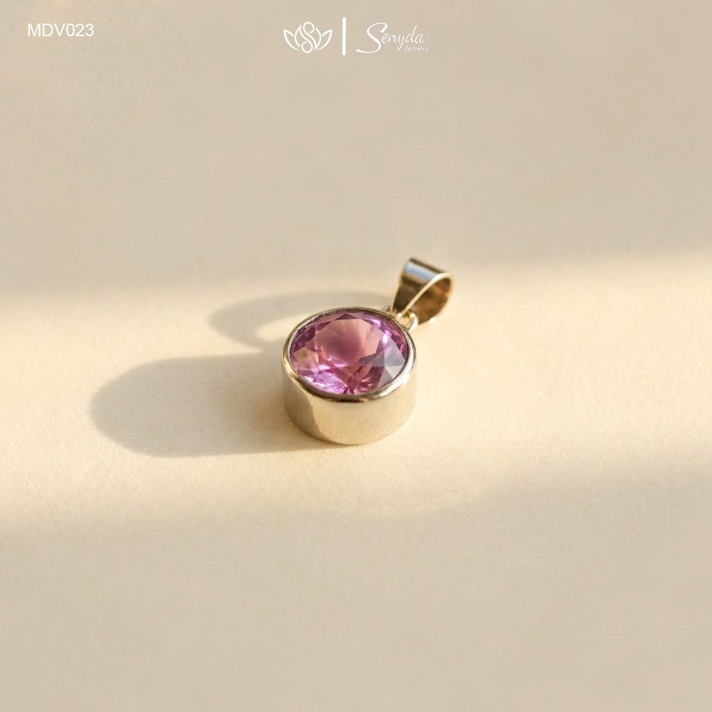 10K Solid Gold Round Amethyst Bezel Set Pendant Necklace