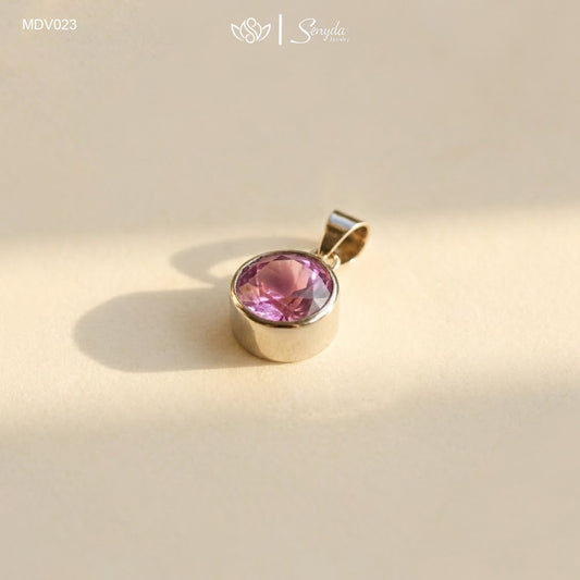 10K Solid Gold Round Amethyst Bezel Set Pendant Necklace