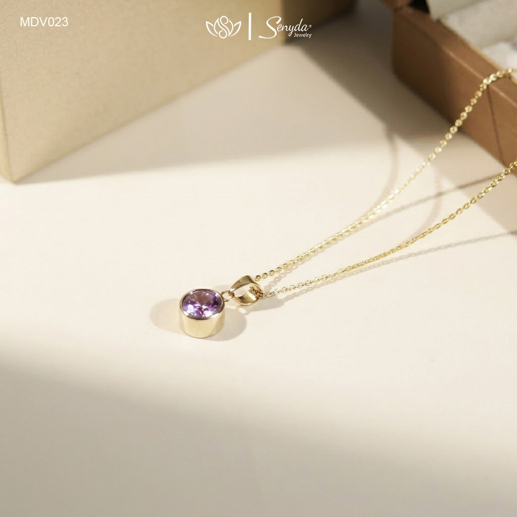 10K Solid Gold Round Amethyst Bezel Set Pendant Necklace